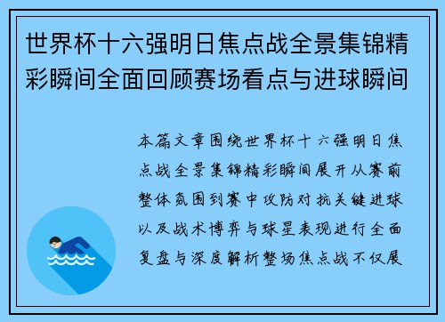 世界杯十六强明日焦点战全景集锦精彩瞬间全面回顾赛场看点与进球瞬间